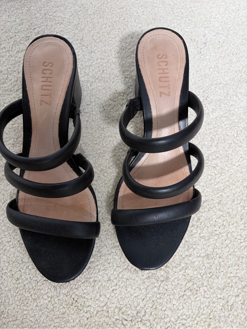 SCHUTZ Black Triple-Strap Heeled Slide Sandals
